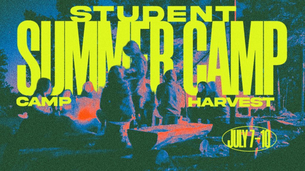 Neon-yellow poster for a summer camp harvest event; silhouettes around a campfire at night, July 7–10.
