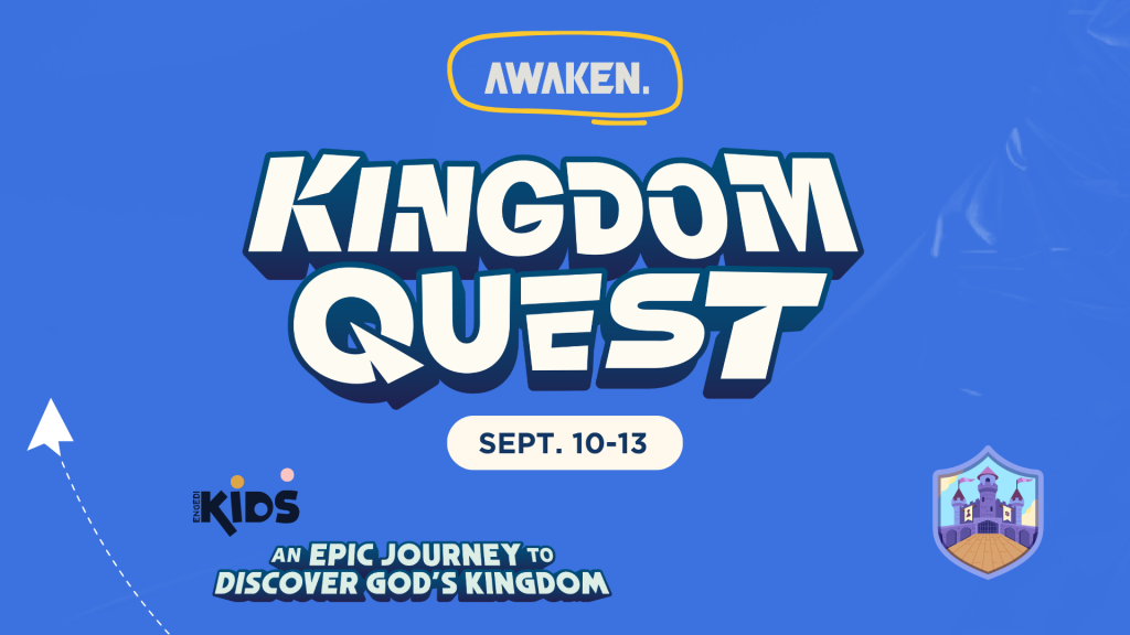 Poster for Awaken Kingdom Quest with bold white title on blue background and dates Sept. 10–13