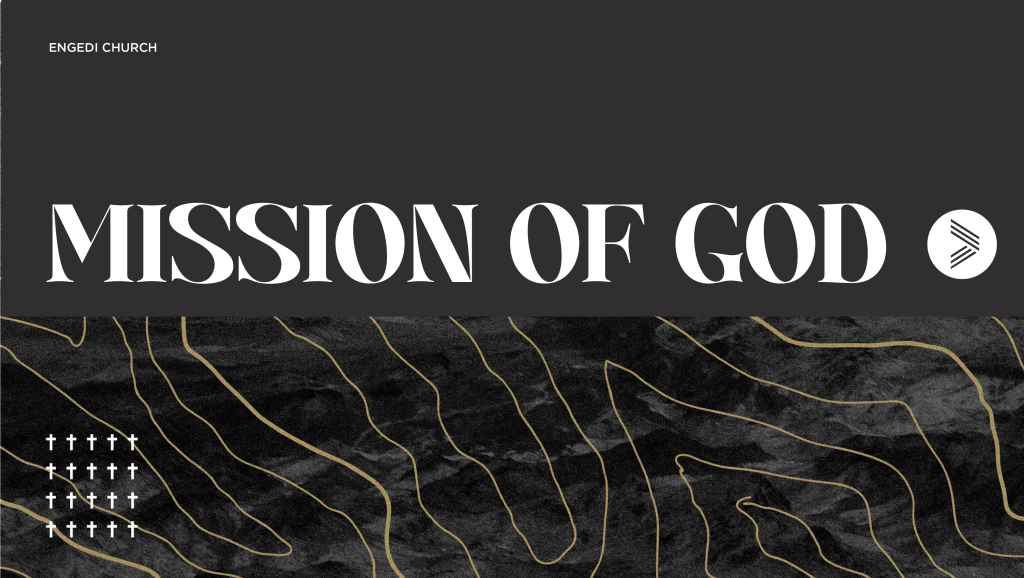 Banner showing 'MISSION OF GOD' in large white serif letters on a dark background with Engedi Church text in the corner and gold decorative lines. Alternative: Church hero banner titled 'MISSION OF GOD' on a dark backdrop with abstract gold lines.