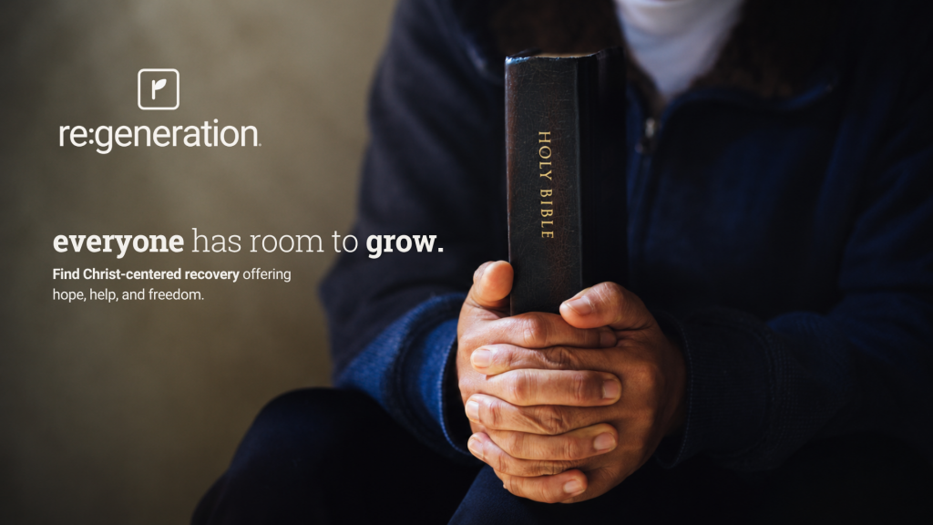 Re:generation logo and slogan 'everyone has room to grow' with a person holding a Holy Bible (informational banner).